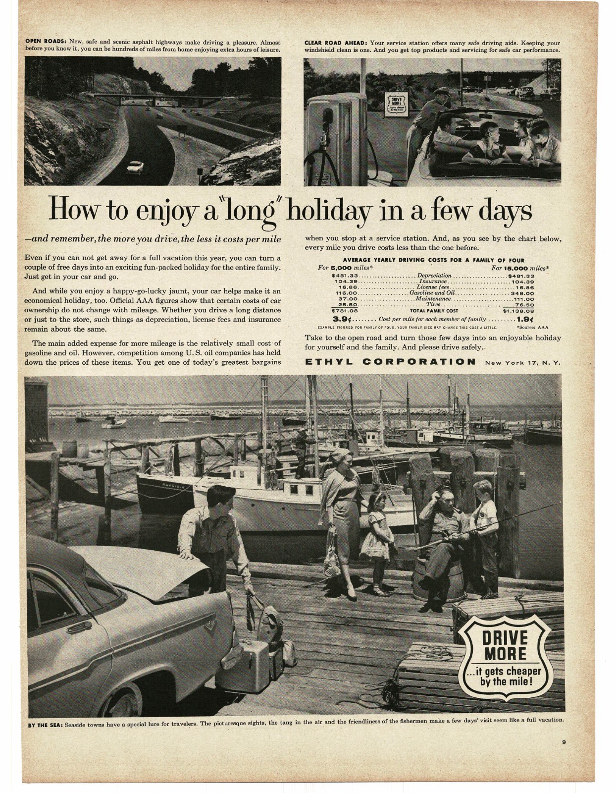 1956 Ethyl Corp Gas Co. Vintage Print Ad seaside town fishing boats docks
