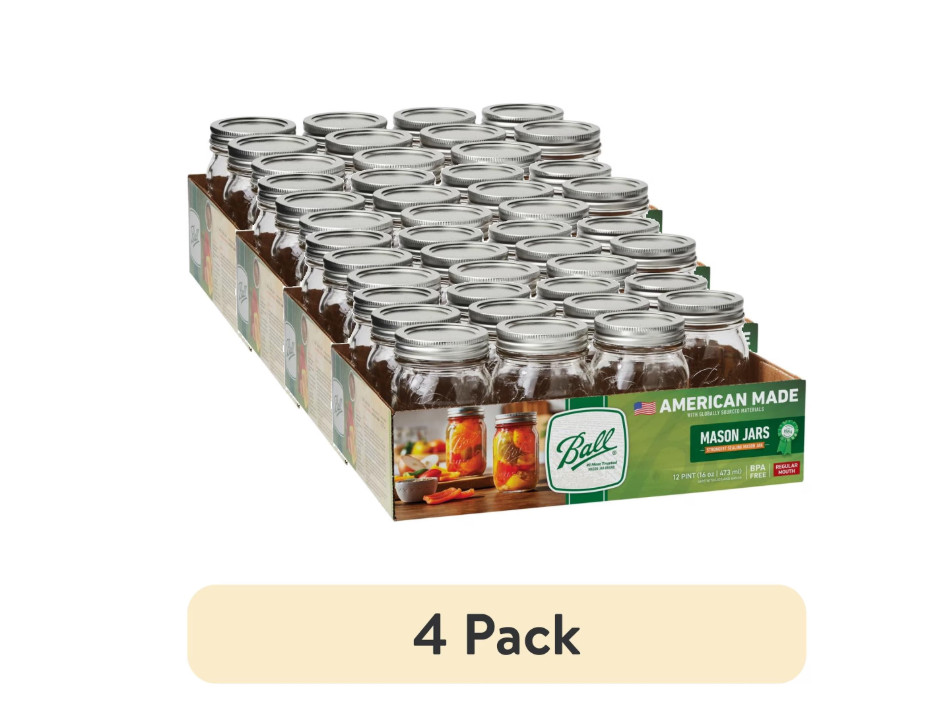 Ball Regular Mouth 16oz Pint Mason Jars Lids Bands 12 Count (4 Pack) 48 Jars Tot