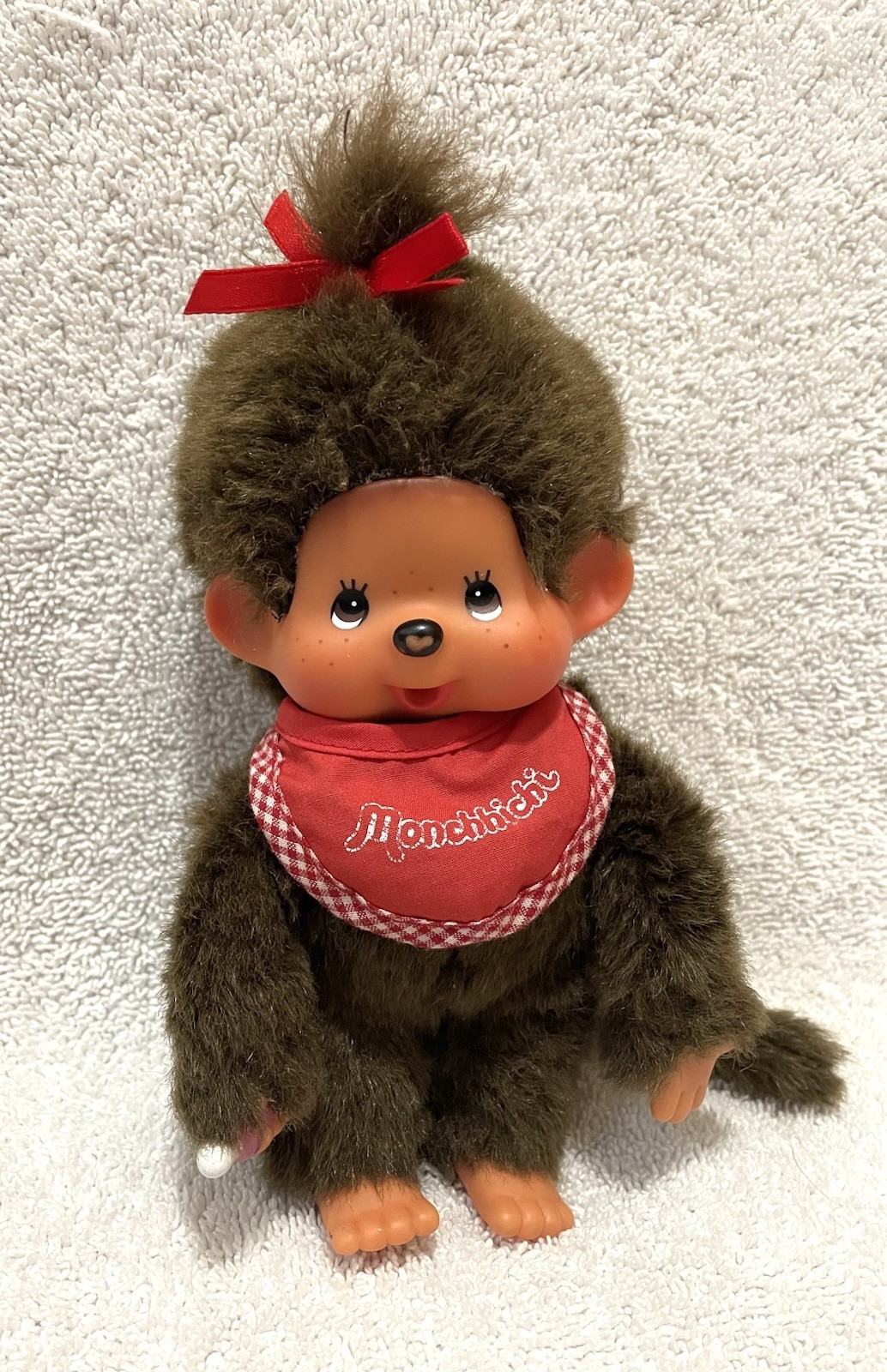 RARE Sekiguchi Japan MONCHHICHI Girl Monkey w/ Red Bow & Bib Plush Toy Doll 8”