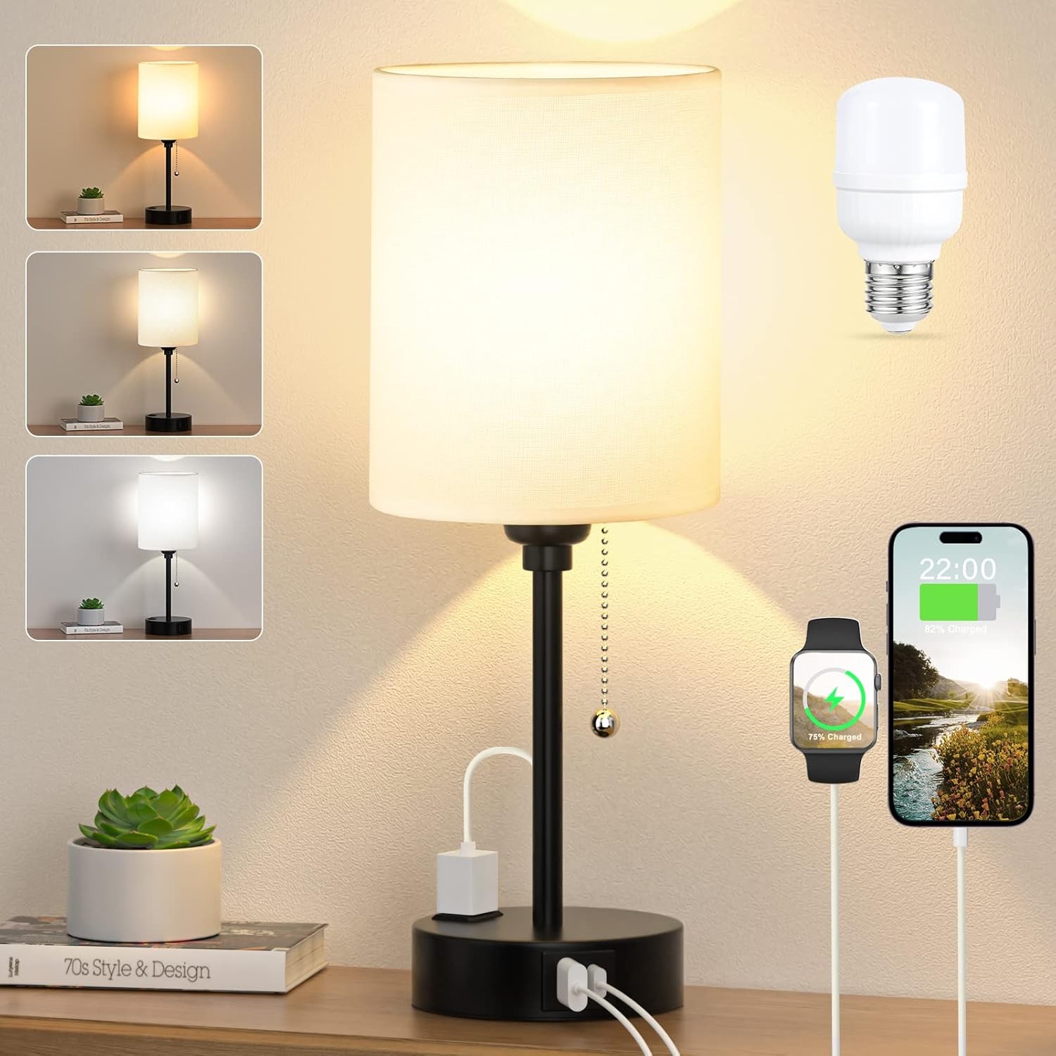 Small Bedside Table lamp for Bedroom – 3 Color Temperatures 14.6in, White