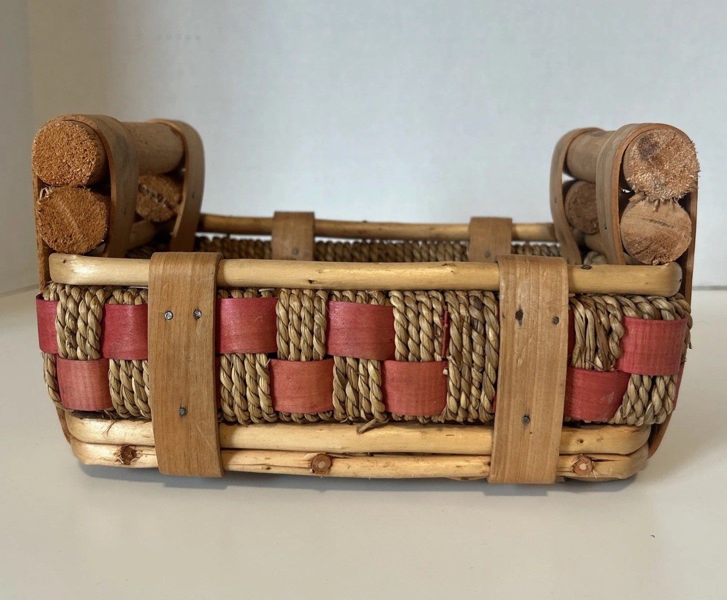 Hand-Woven Red & Brown Farmhouse Basket w/Log Handles 8.5″L x 4.5″H x 6.5″W