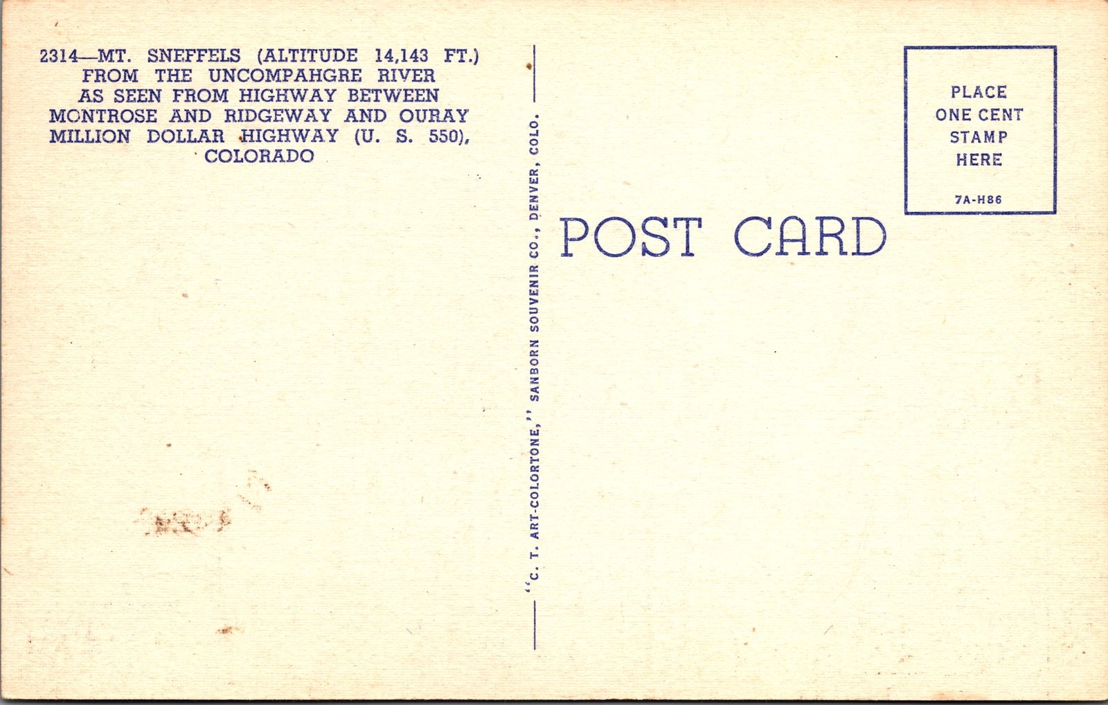 1937 Linen Postcard Mt. Sneffels Uncompahgre River Colorado Million Dollar Hwy