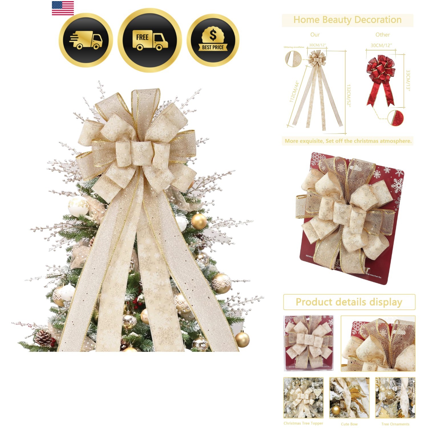 Christmas Tree Topper Bow, 44X12 Inch Artificial Xmas Tree Flower Topper Deco…