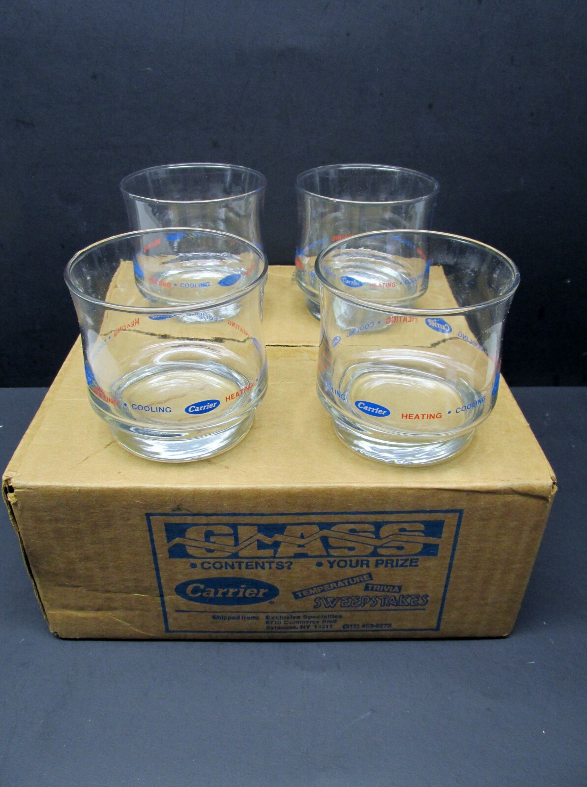 8 – Vintage CARRIER Heating & Cooling Lowball Tumbler Glasses, 2 Sets of 4, NEW