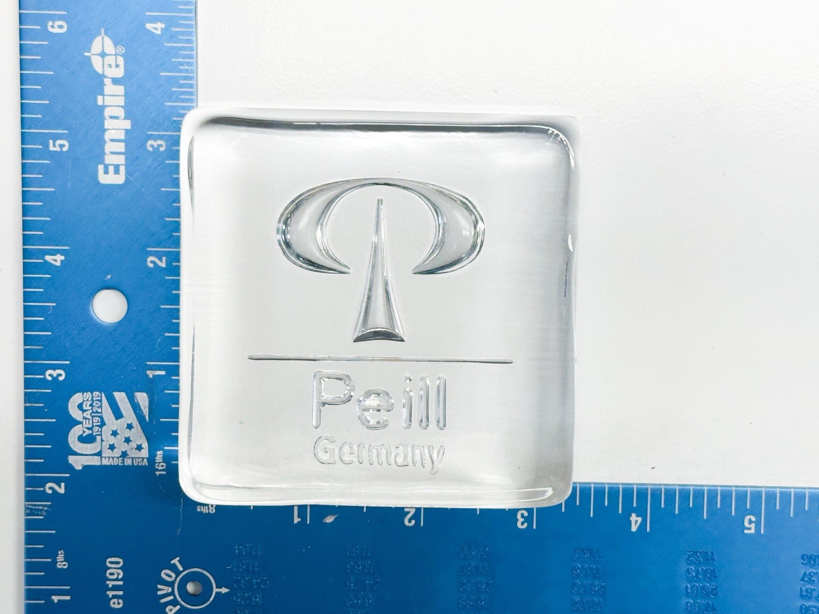 Vintage Peill Putzler Solid Crystal Etched Advertising Paperweight Employee