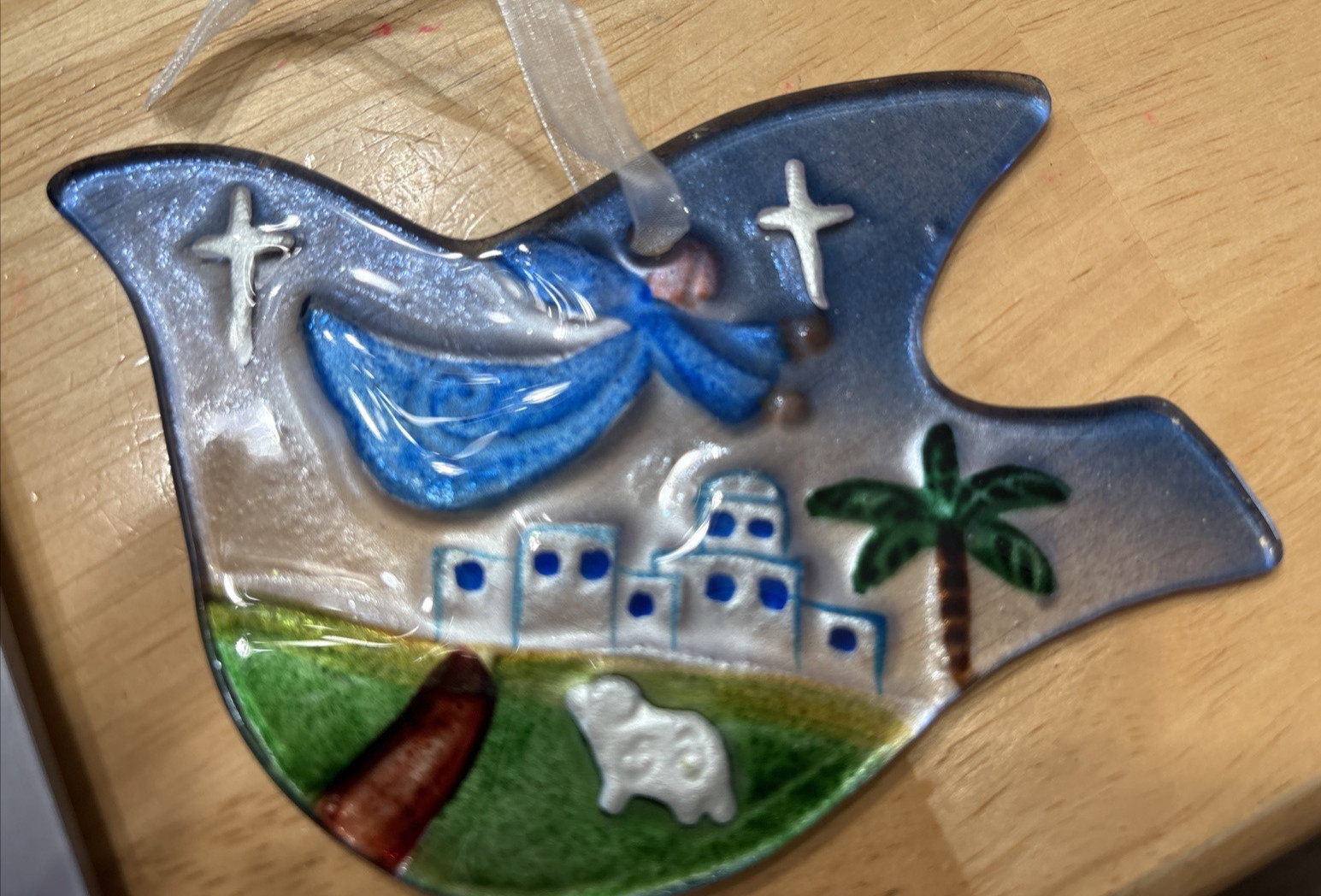 Robert Stanley dove Glass Angel Christmas Ornament Fused Glass Sun Catcher