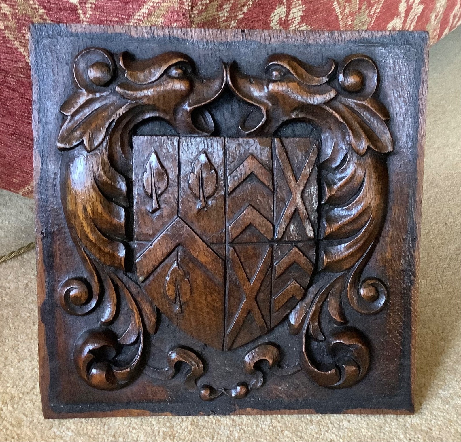 Antique Carved Wooden Heraldic Shield Panel With Fish Circa 1900 (A)