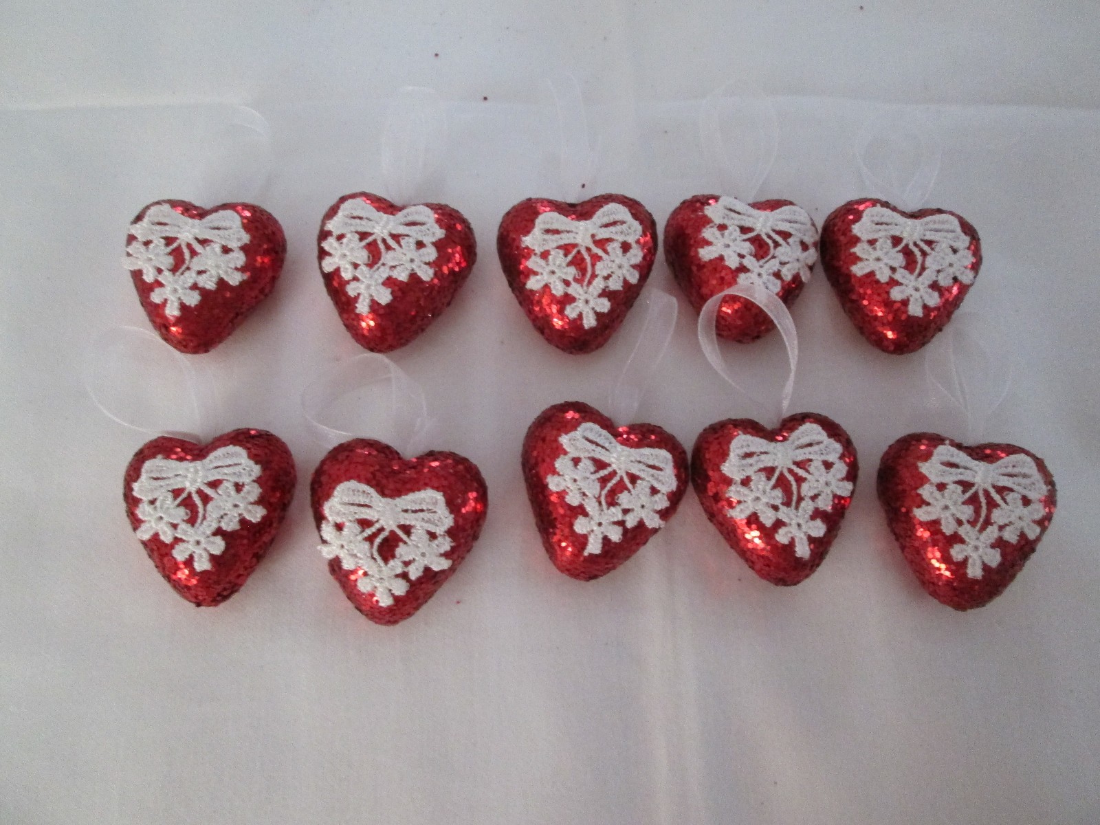 Pkg of 10- 1 1/2 inch Red Glitter & Lace Heart Valentines Day Ornaments, NEW