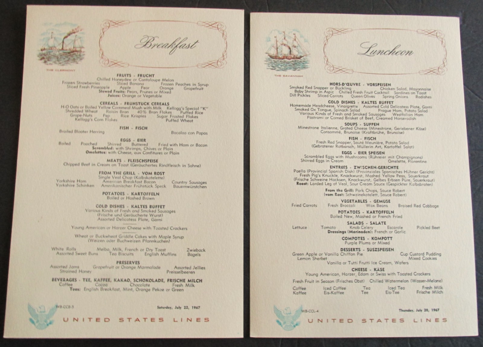 US Lines Ocean Liner Steamship SS United States WB Breakfast & Lunch Menus 1967