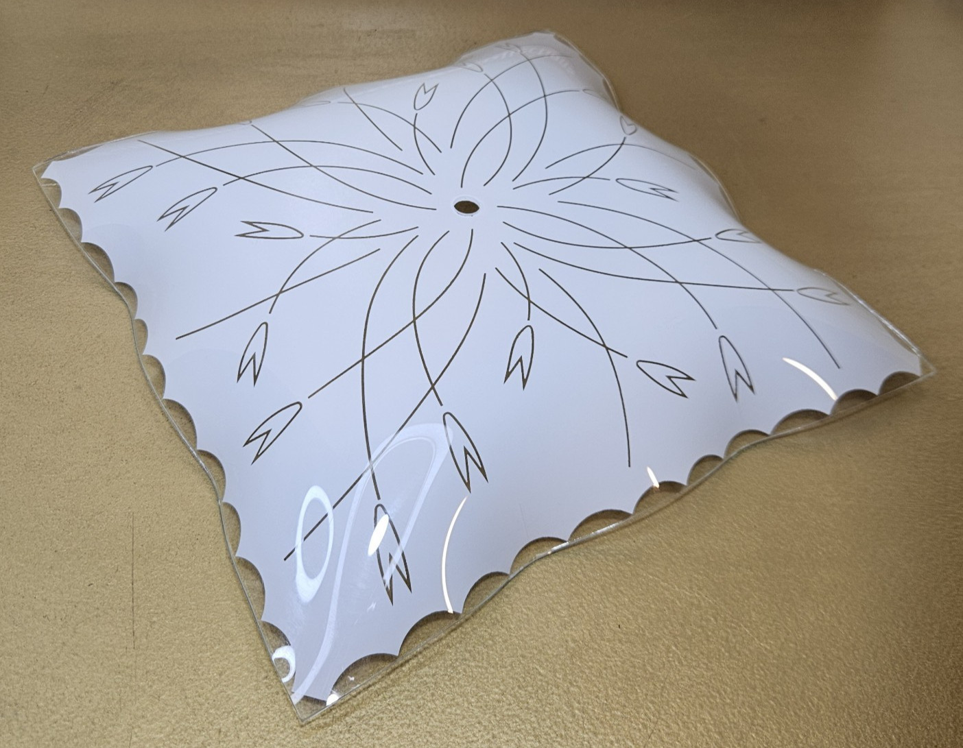 Vintage Ceiling Light Cover Atomic Tulip Flower 11.5″ Square White Ruffle Glass