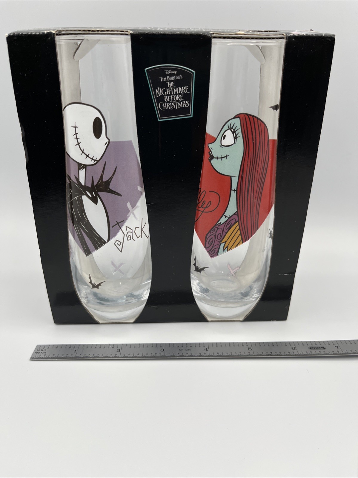 2 Oblong Glasses Nightmare Before Christmas Jack and Sally Barware 9 oz New In B