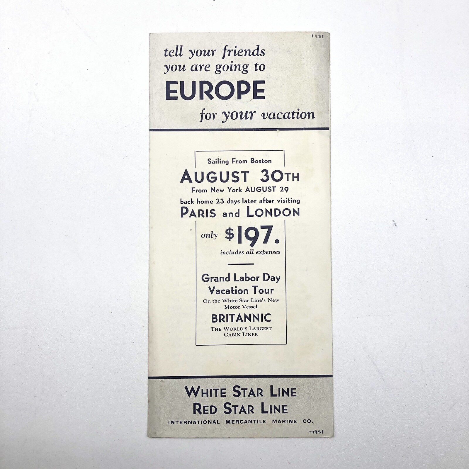 VTG 1931 Red / White Star Line Brochure Britannic European Cruise Advertising