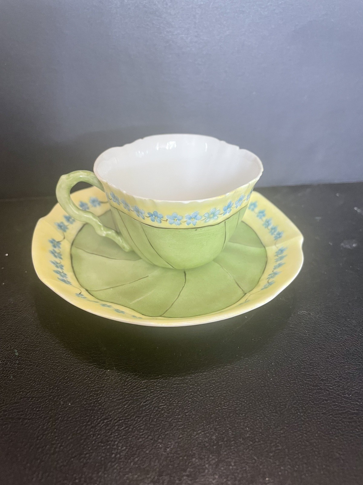 Small Antique Handpainted Green/Yellow Teacup and Saucer M Redon Limoge France