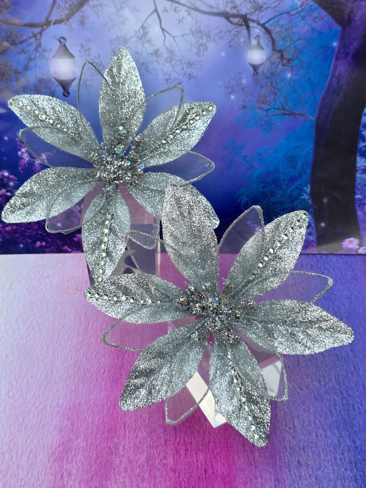 2 silver glittered flower Clip on Christmas Ornaments