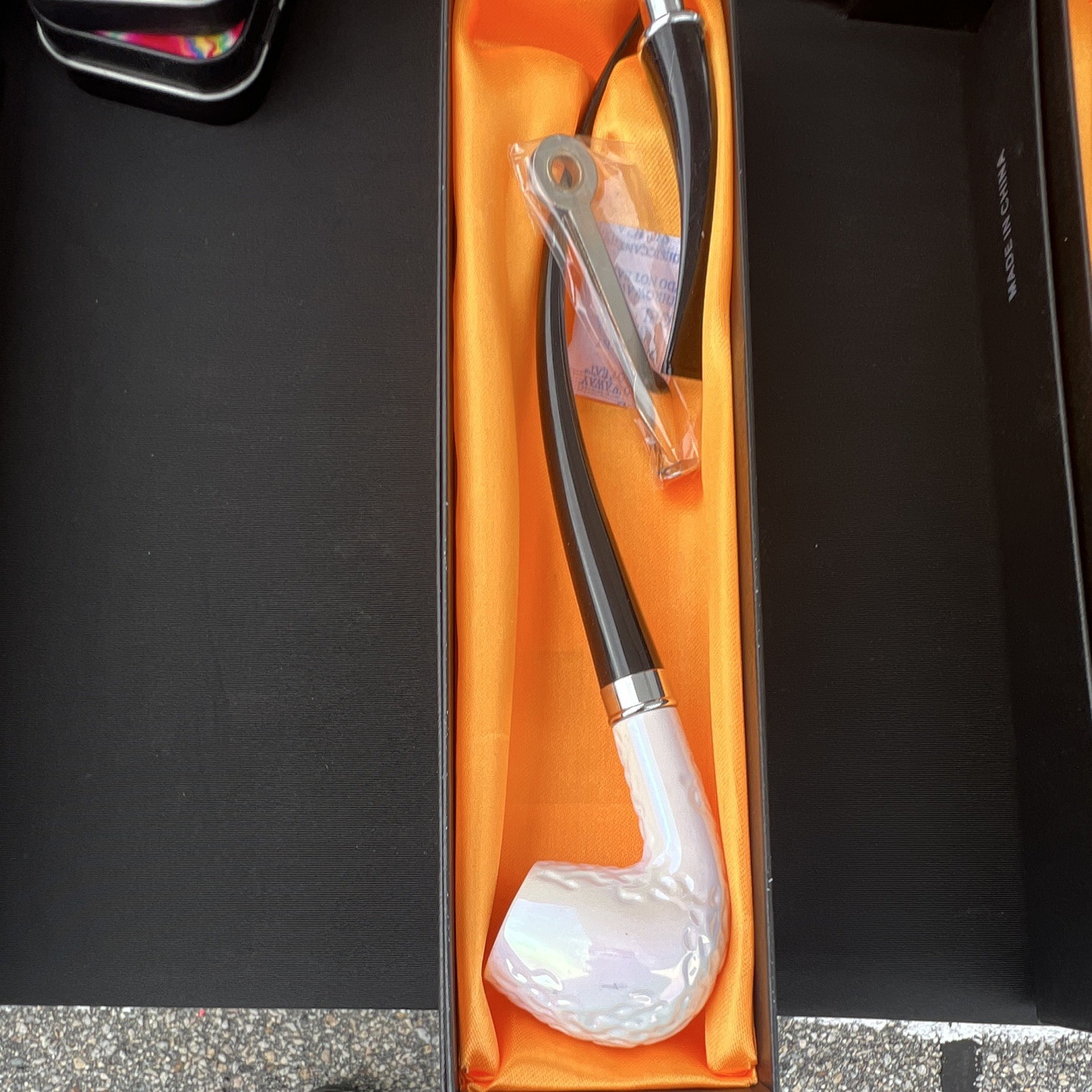 White Tobacco Smoking Pipe w/ Black Stem, White & Black Color, In Box