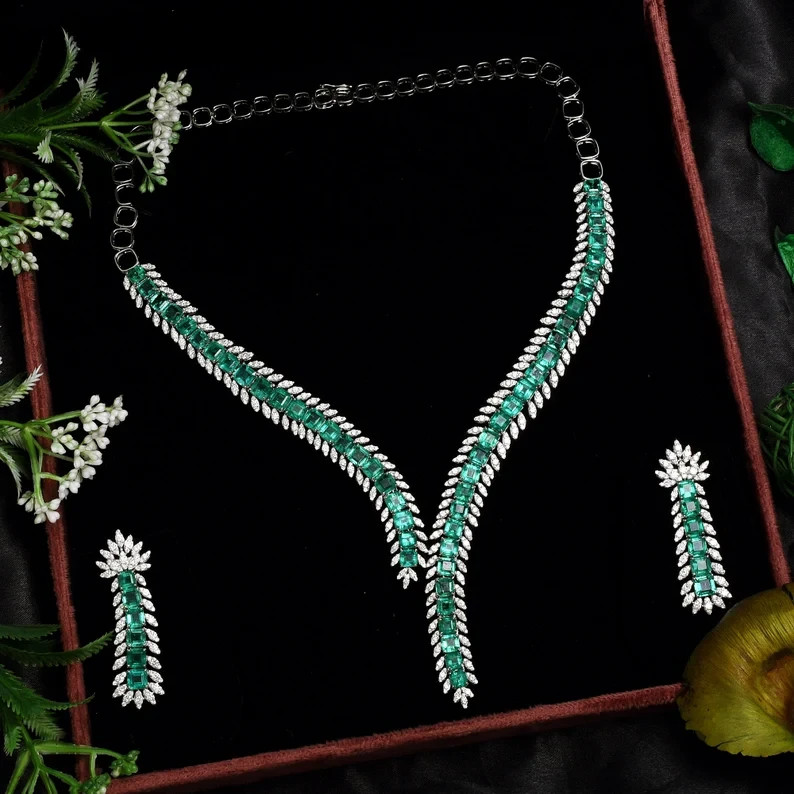 Emerald & Diamond 14K White Gold Over 16″ Necklace Earrings Set – May Birthstone