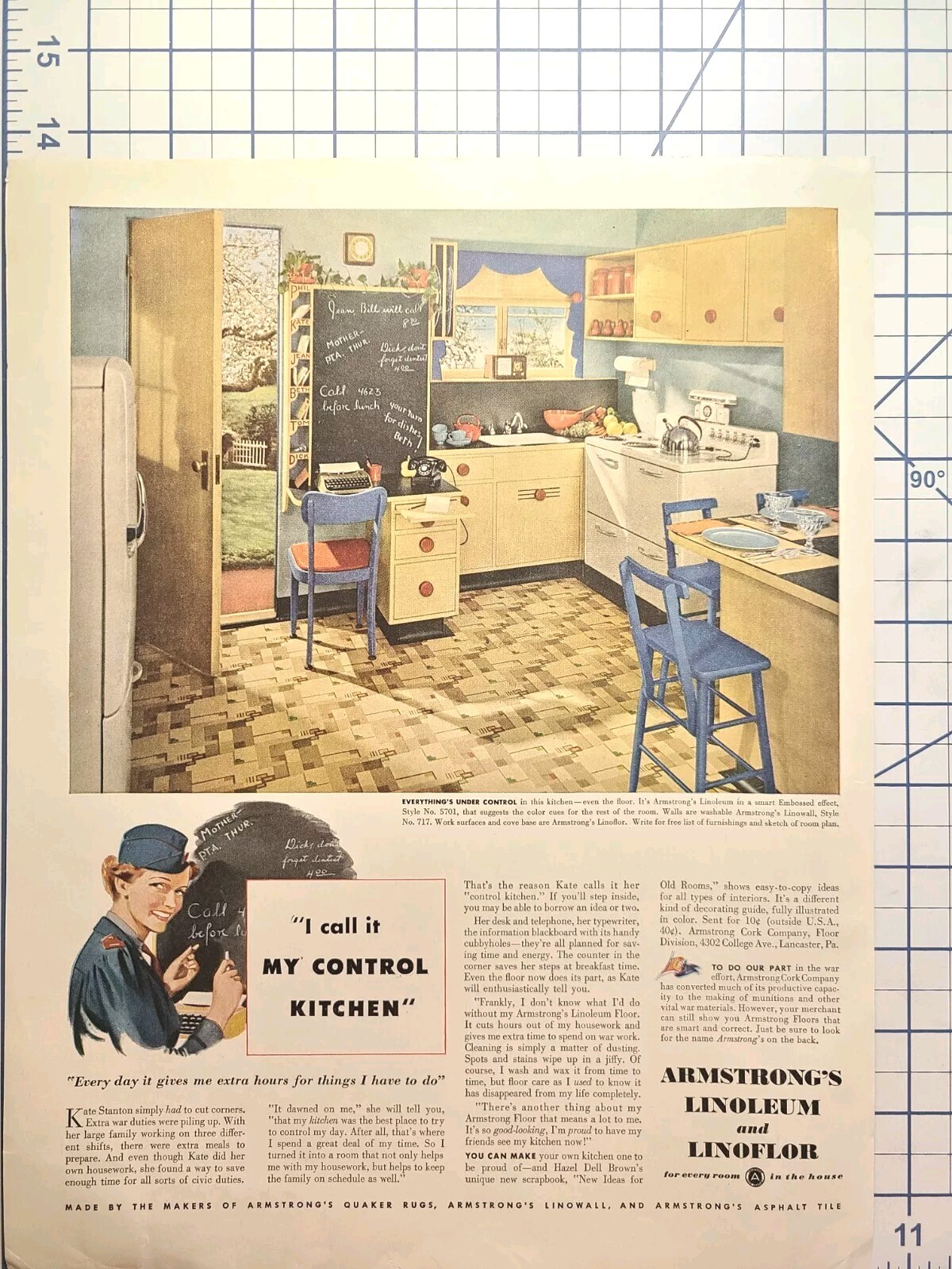 Armstrong Linoleum Linoflor War Duties Easy Care Floors Vintage Print Ad 1943