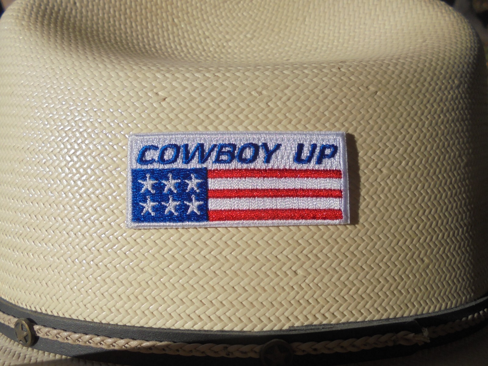 COWBOY UP ADHESIVE BACK CLOTH HAT PATCH 2.25 BY 1″