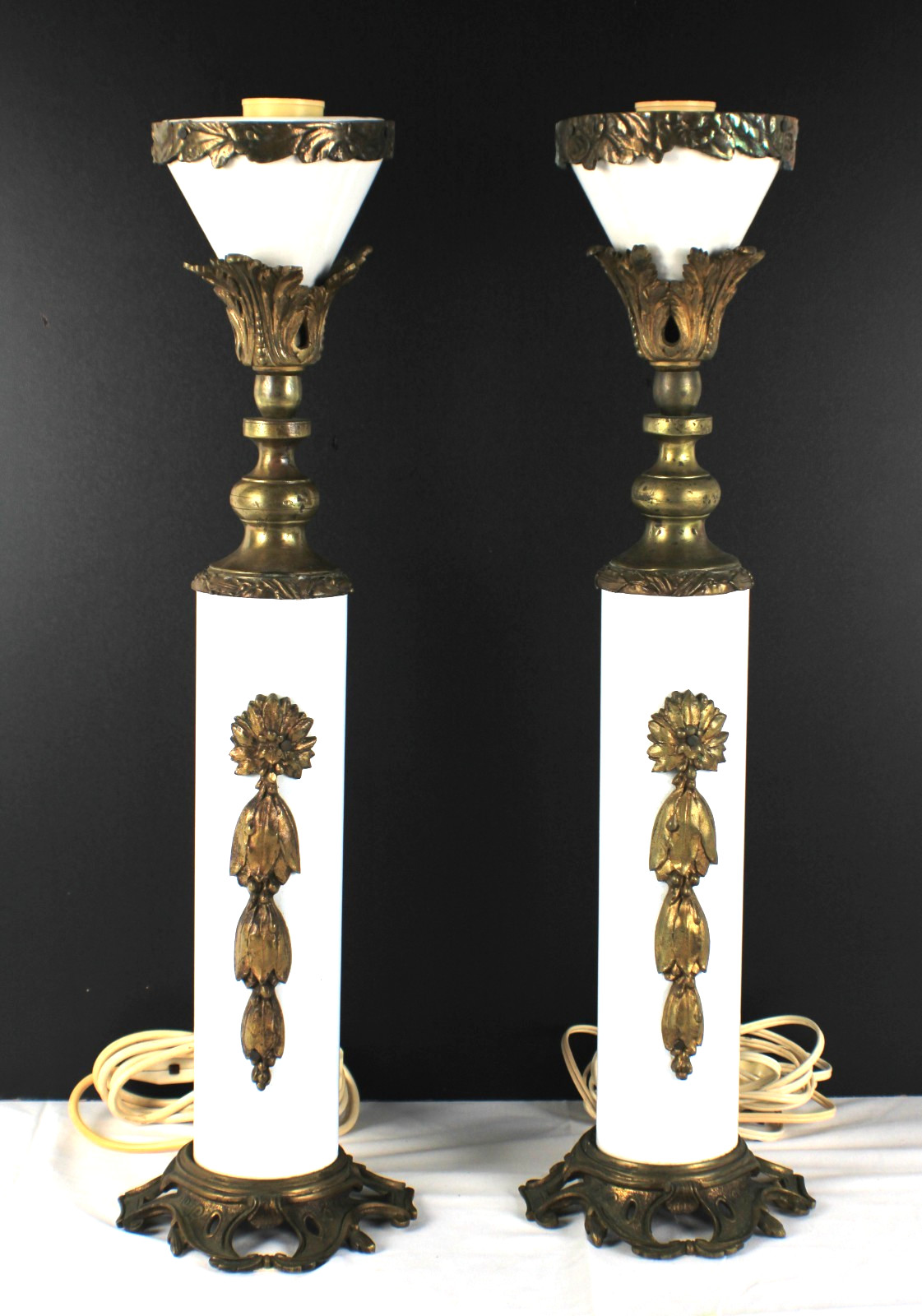 Mid-Century Neo-Classical Brass Ornate White Cylindrical Metal Body Table Lamps