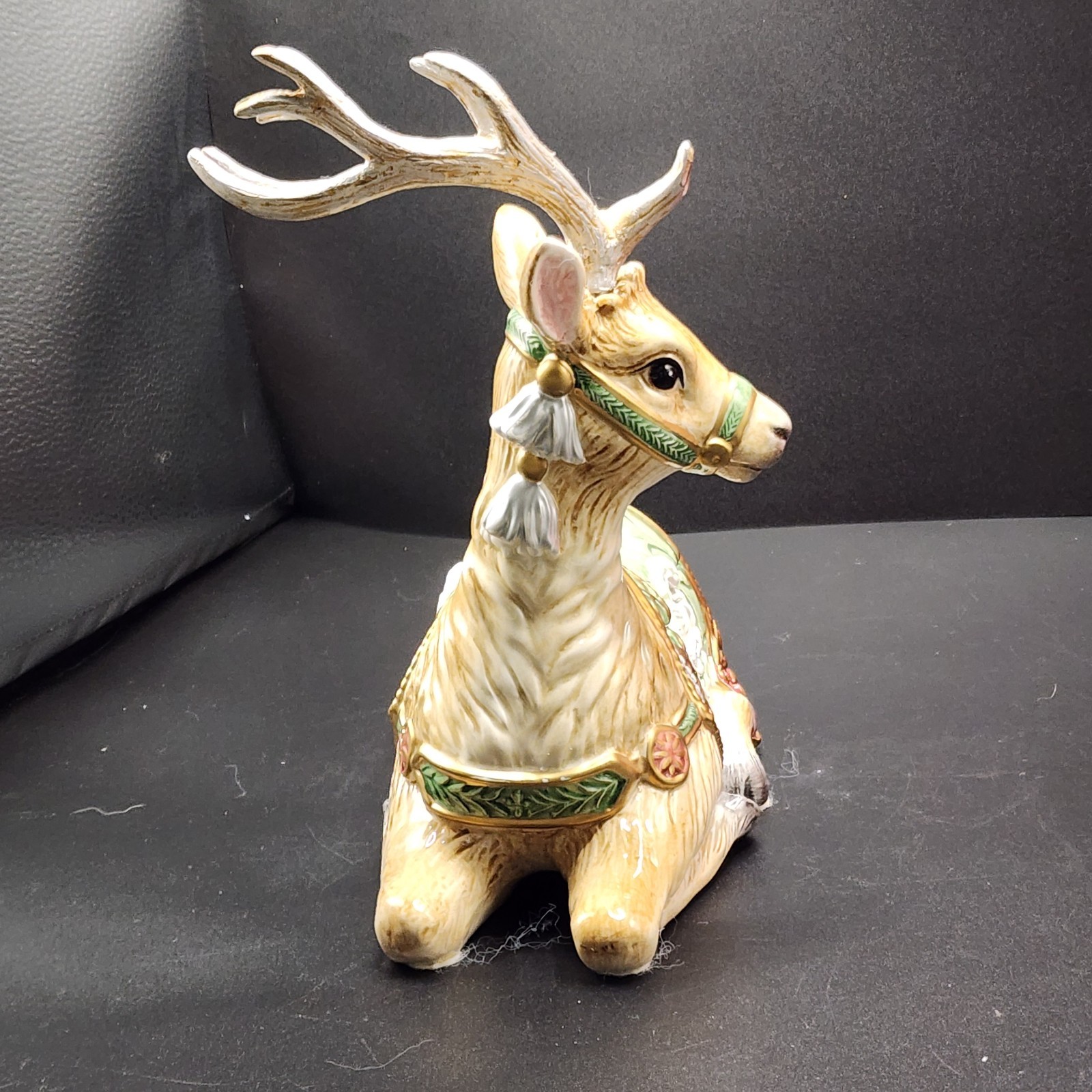 Fitz& Floyd Classics Christmas Reindeer Lidded Trinket Box Peace Dove Green Gold