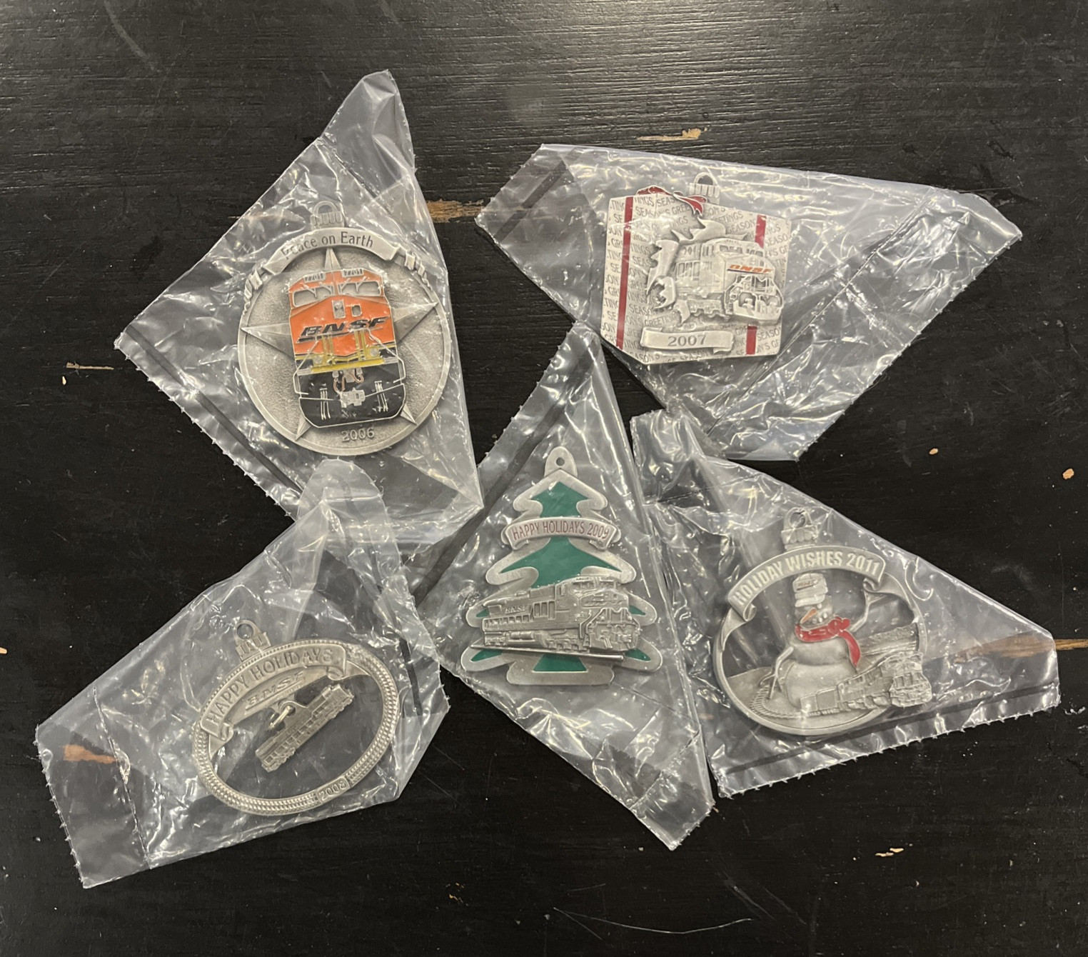 Lot Of 5 Years New Pewter BNSF Railway Annual holiday Ornaments -2006-2009, 2011