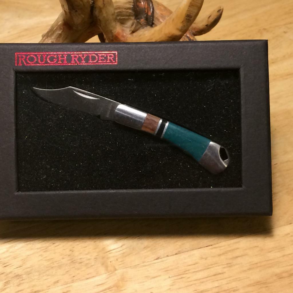 Rough Rider 2″ Tiny Folder Turquoise/Brownwood Pocketknife w/Lanyard Hole RR1473