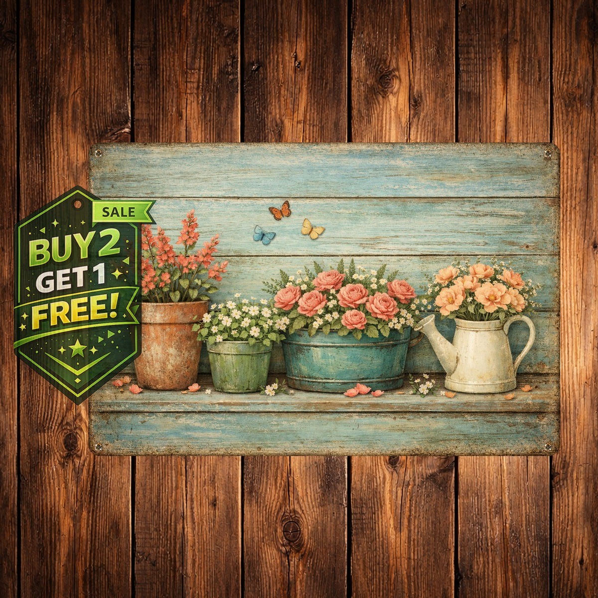 Flower Pots Butterflies Rustic Garden Patio Decor Metal Tin Sign