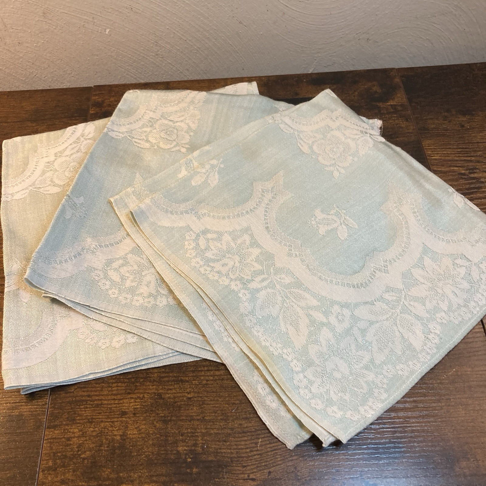 Vtg Mint Green Floral Damask Linen Napkins Set 3 Jacquard Cottagecore Chic