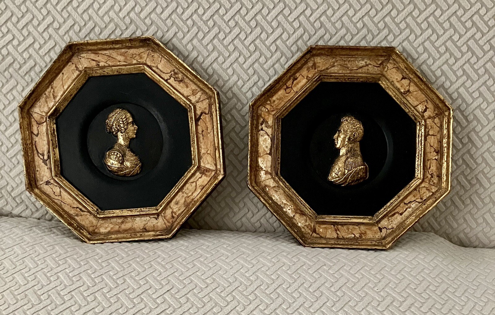 PAIR NEO CLASSICAL BRONZE PLAQUE BUSTS MID CENTURY OCTAGONAL 9” X 9”