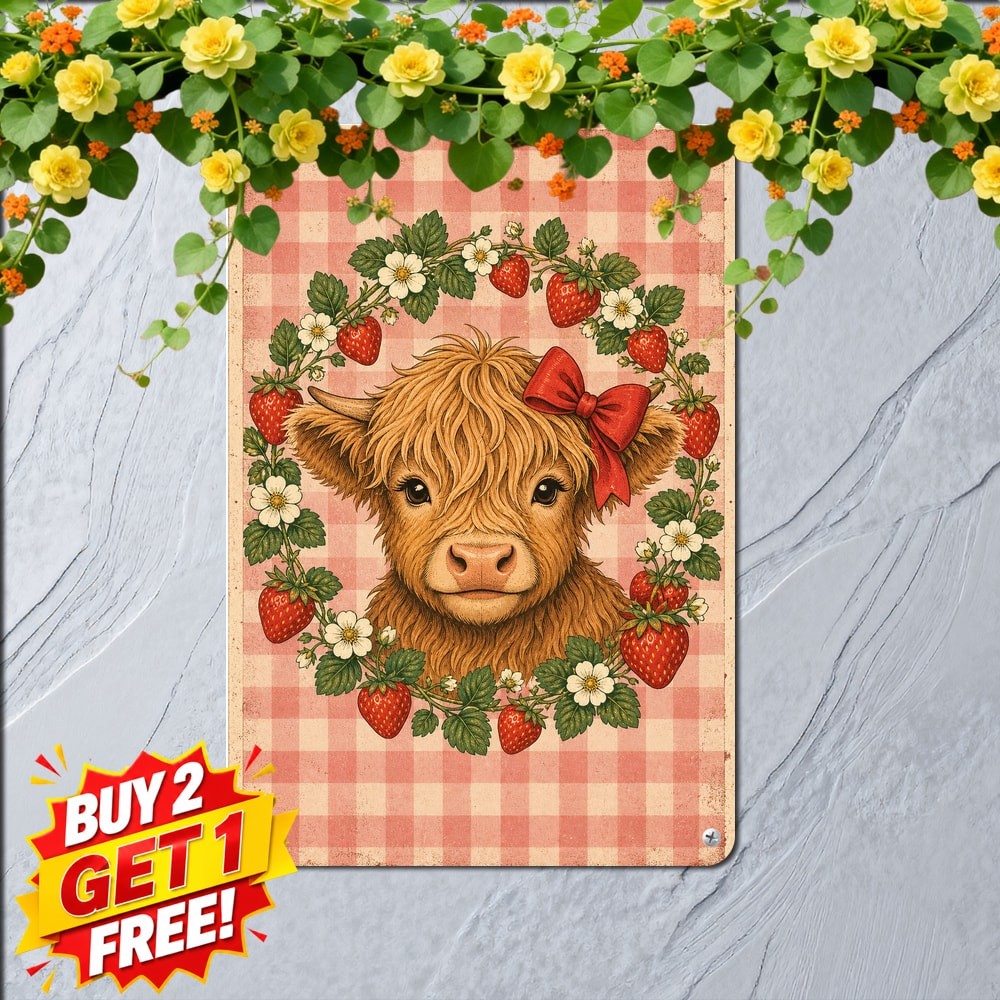 Cute Cow Wearing Red Bow Painting Tin Sign Vintage Farmhouse Kitchen Wall Art