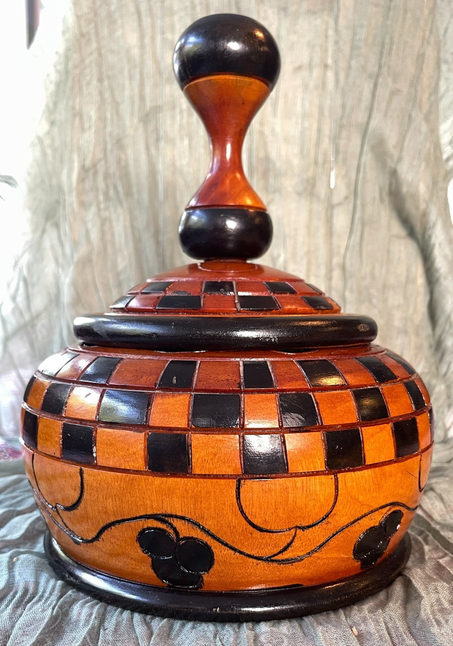 Vintage Hand Turned Wooden Lidded Jar Covered Box Checkerboard Folk Art Decor