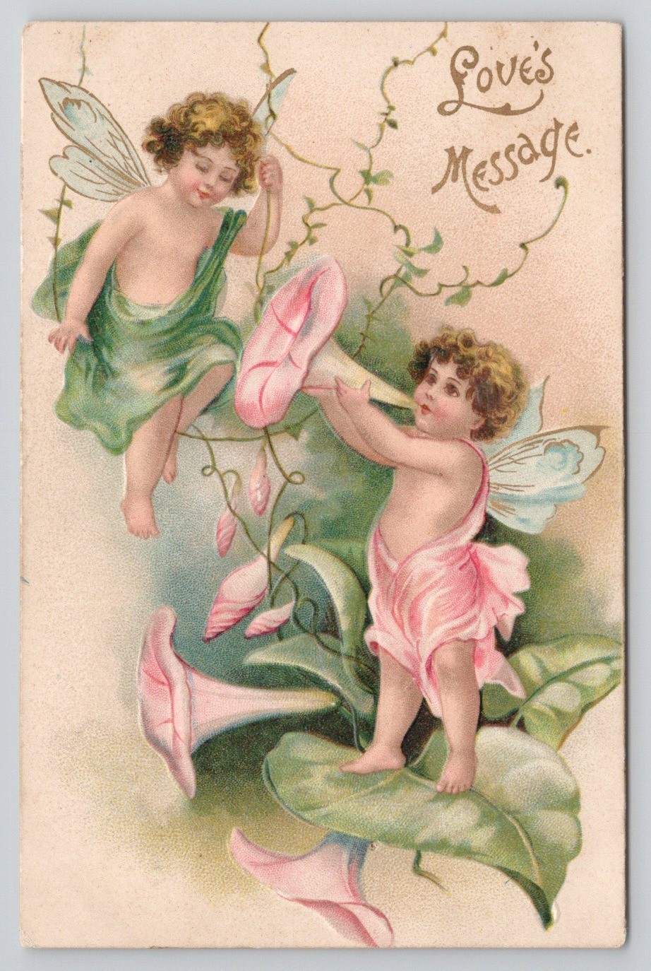 Fairies in Morning Glory Love’s Message 1910 Valentine Postcard Germany