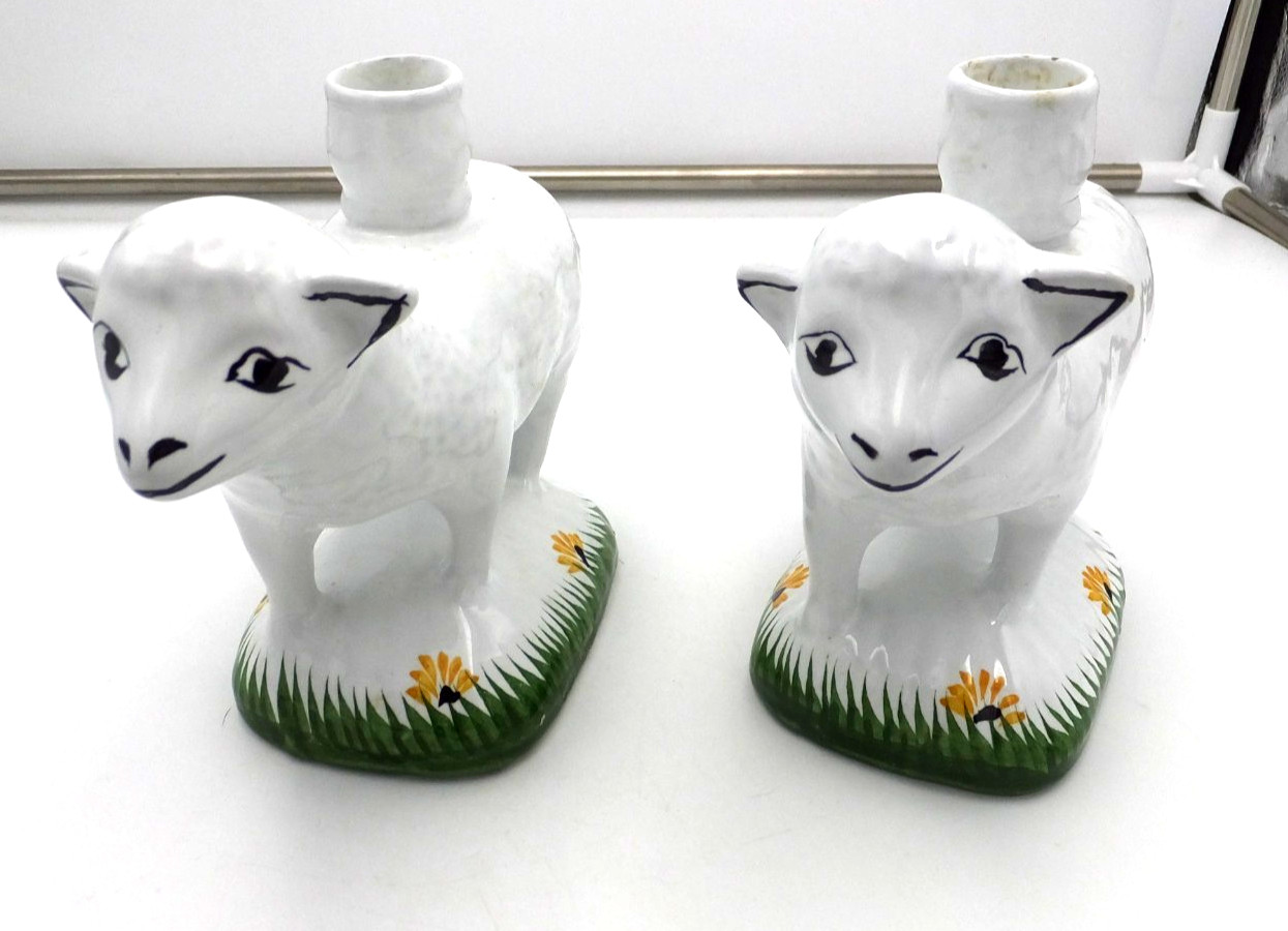 Portugal Ceramic Lamb Hand Painted Pair of Candlesticks