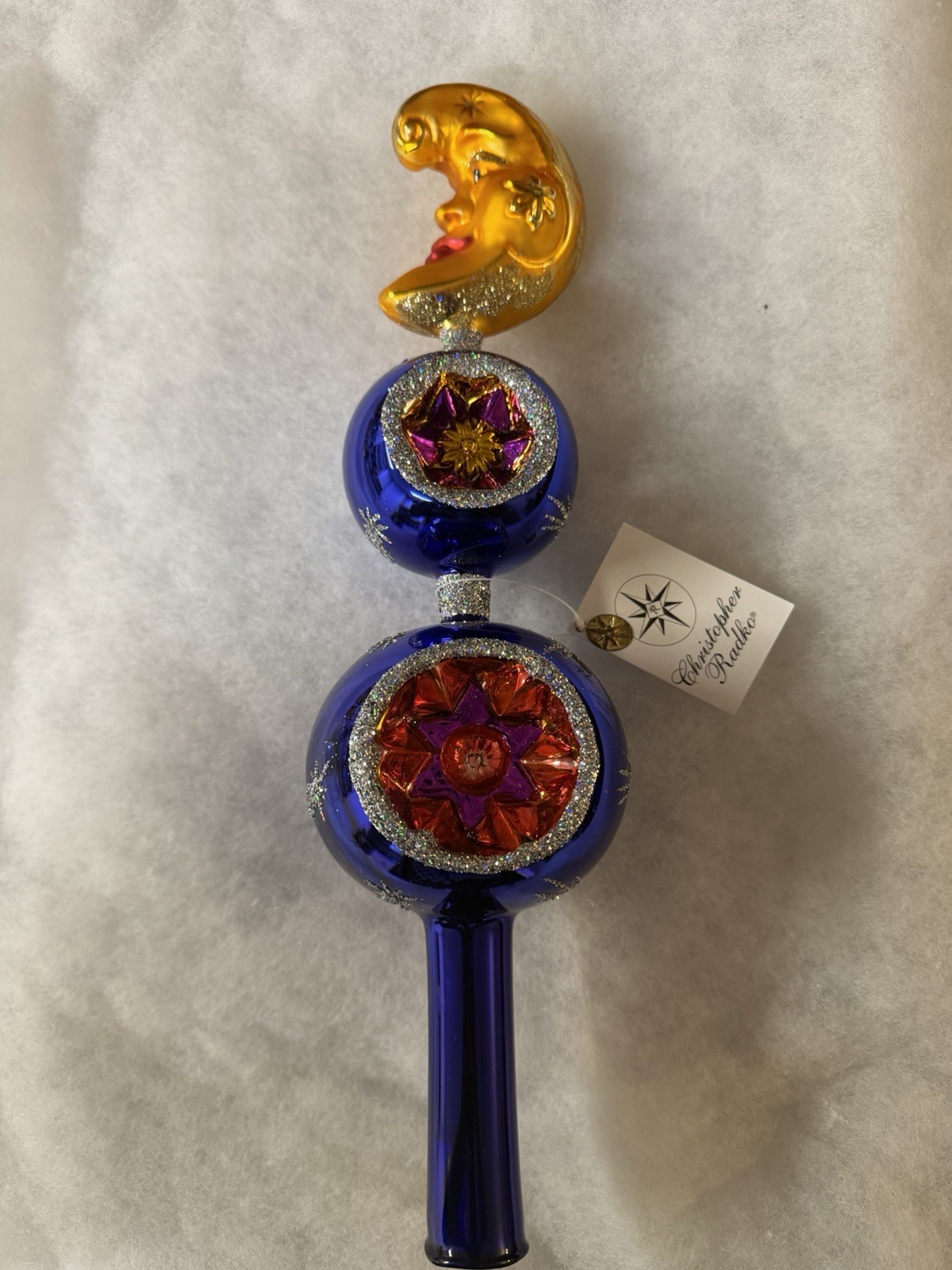 Christopher Radko Blue Gold Glass Moon Star Tree Topper Glitter 2002 MPN