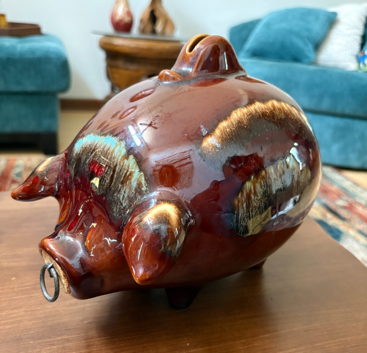 Vintage LARGE Hull Pottery Corky Pig Piggy Bank 1957 Snout Cork Brown Drip Glaze