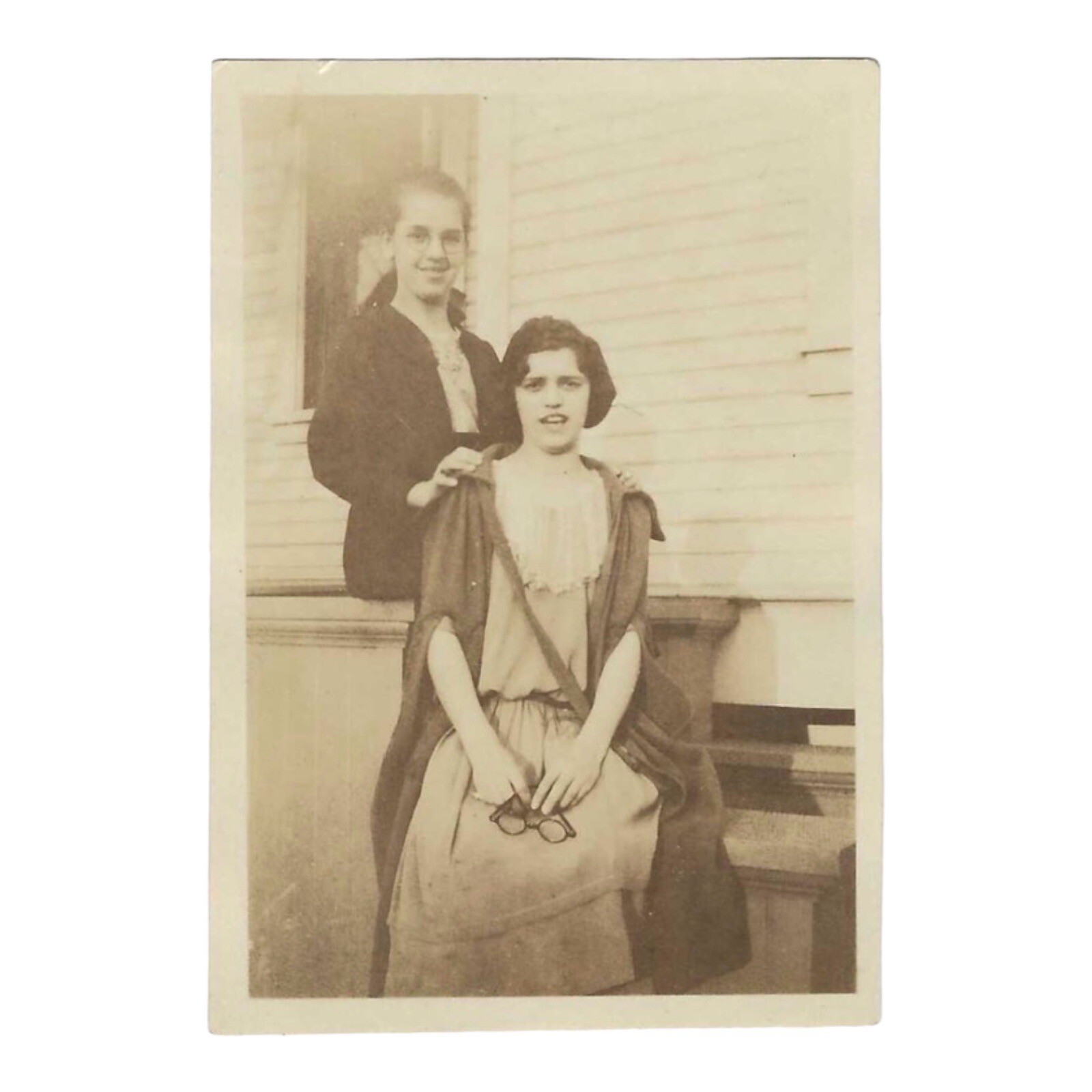 Vintage Snapshot 1920s Photo Two Flapper Women Holding Round Glasses