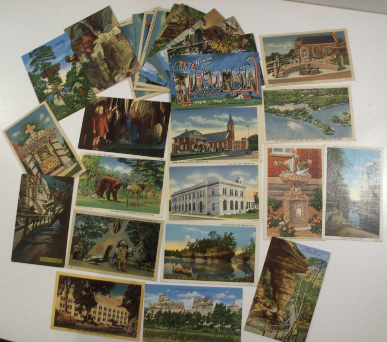 WISCONSIN! WI 28 LINEN POSTCARD LOT PRE-WWII/ WWII 1 LARGE LETTER AMERICANA #651