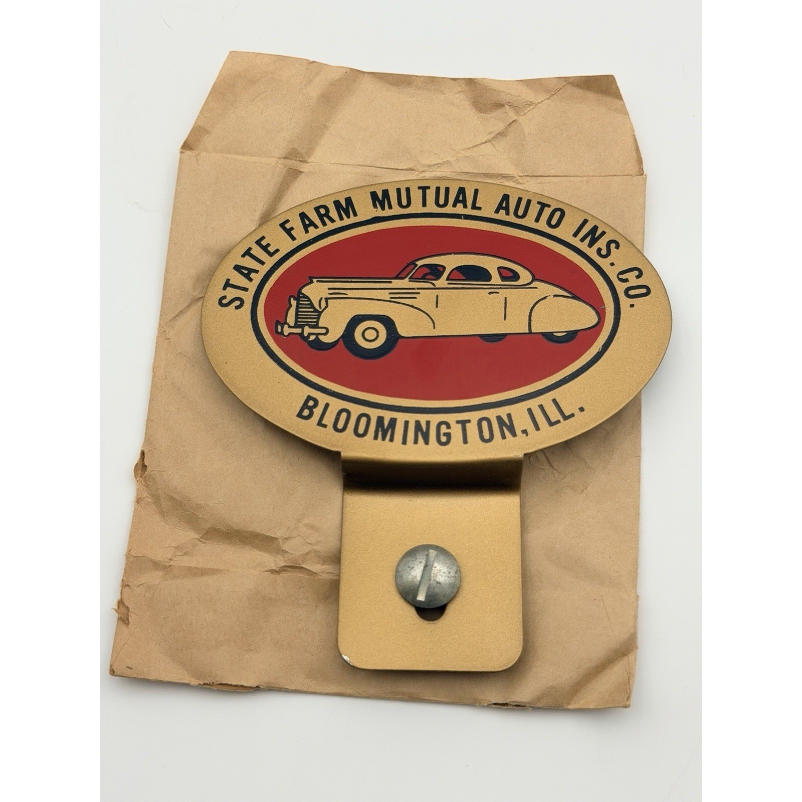 Vintage 1940s State Farm Insurance Car Metal License Plate Topper Bloomington IL