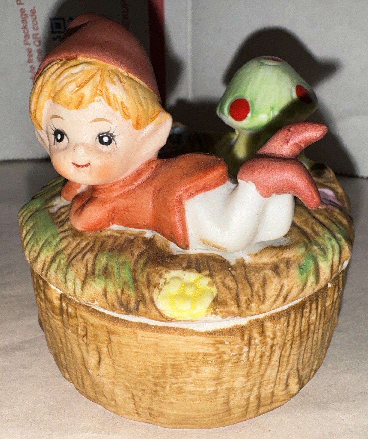 Vintage Homco 5404 Pixie Gnome Elf Mushroom Ceramic Trinket Box Set Of 3