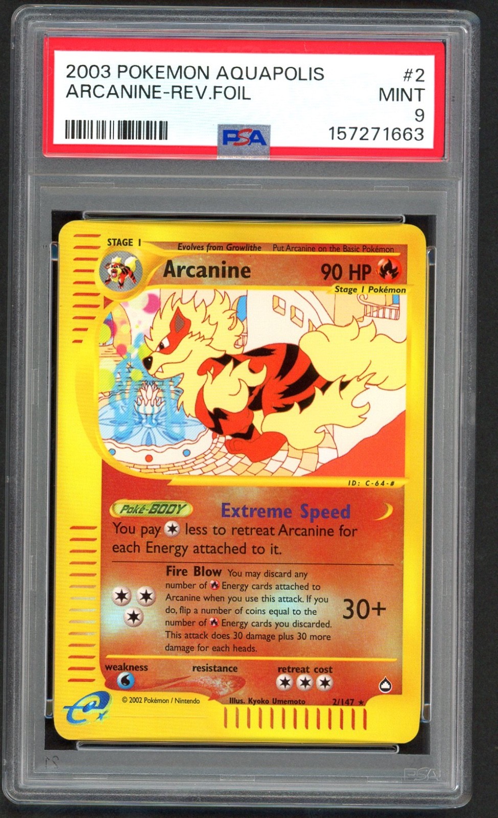 Pokemon Card – PSA 9 Arcanine 2/147 – Reverse Holo Aquapolis – MINT – PSA9