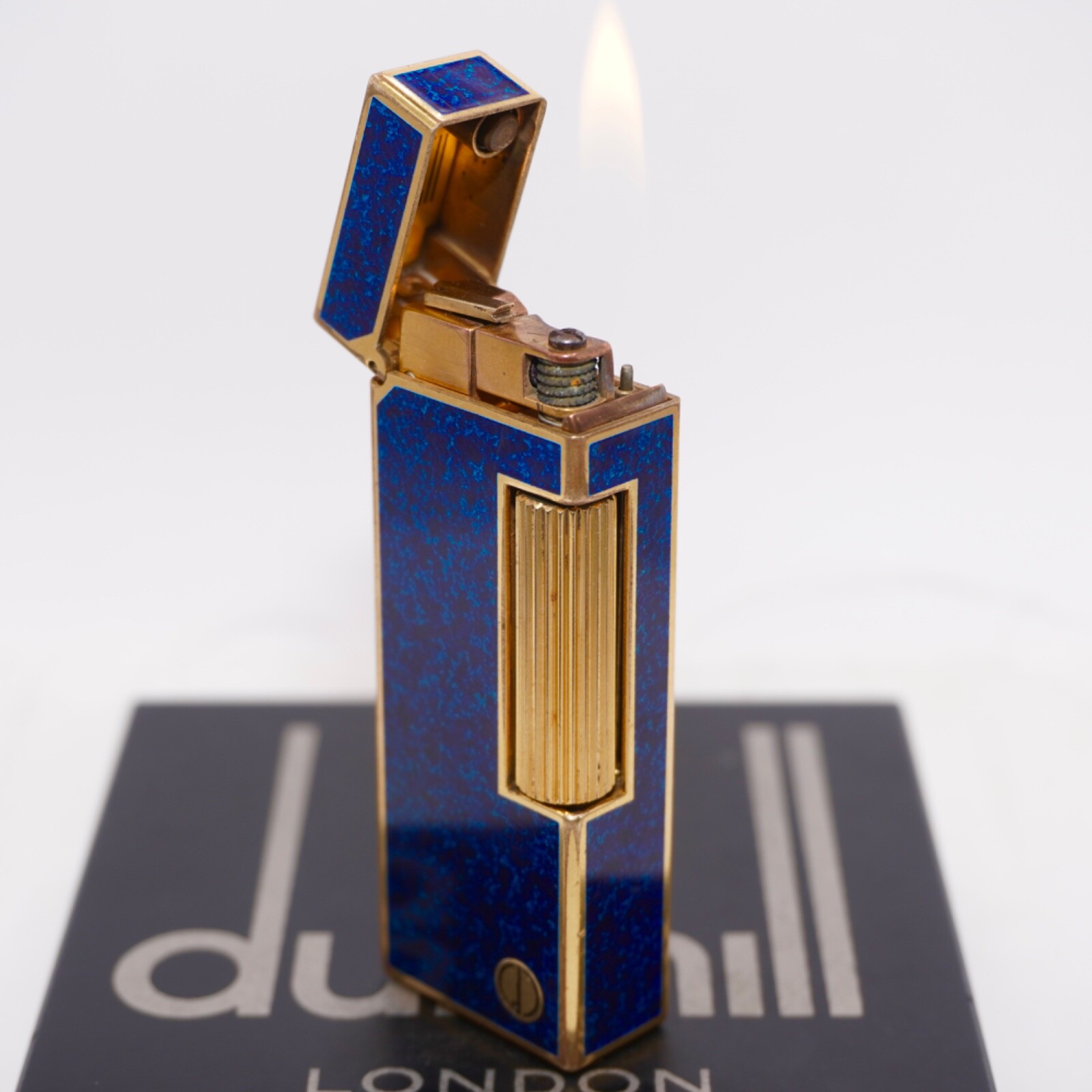 With D Mark Dunhill Vintage Lighter Gold/Blue Ultrasonically Cleaned_WORKING