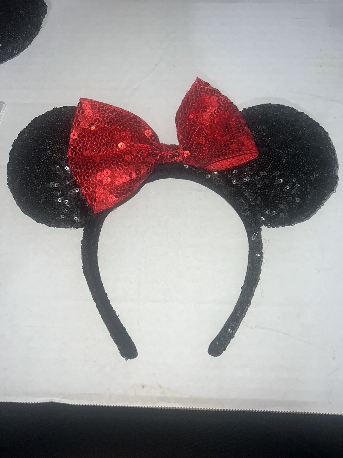 Disney Parks Black & Red Sequin Minnie Mouse Ears Headband Bow Adult OS Mickey