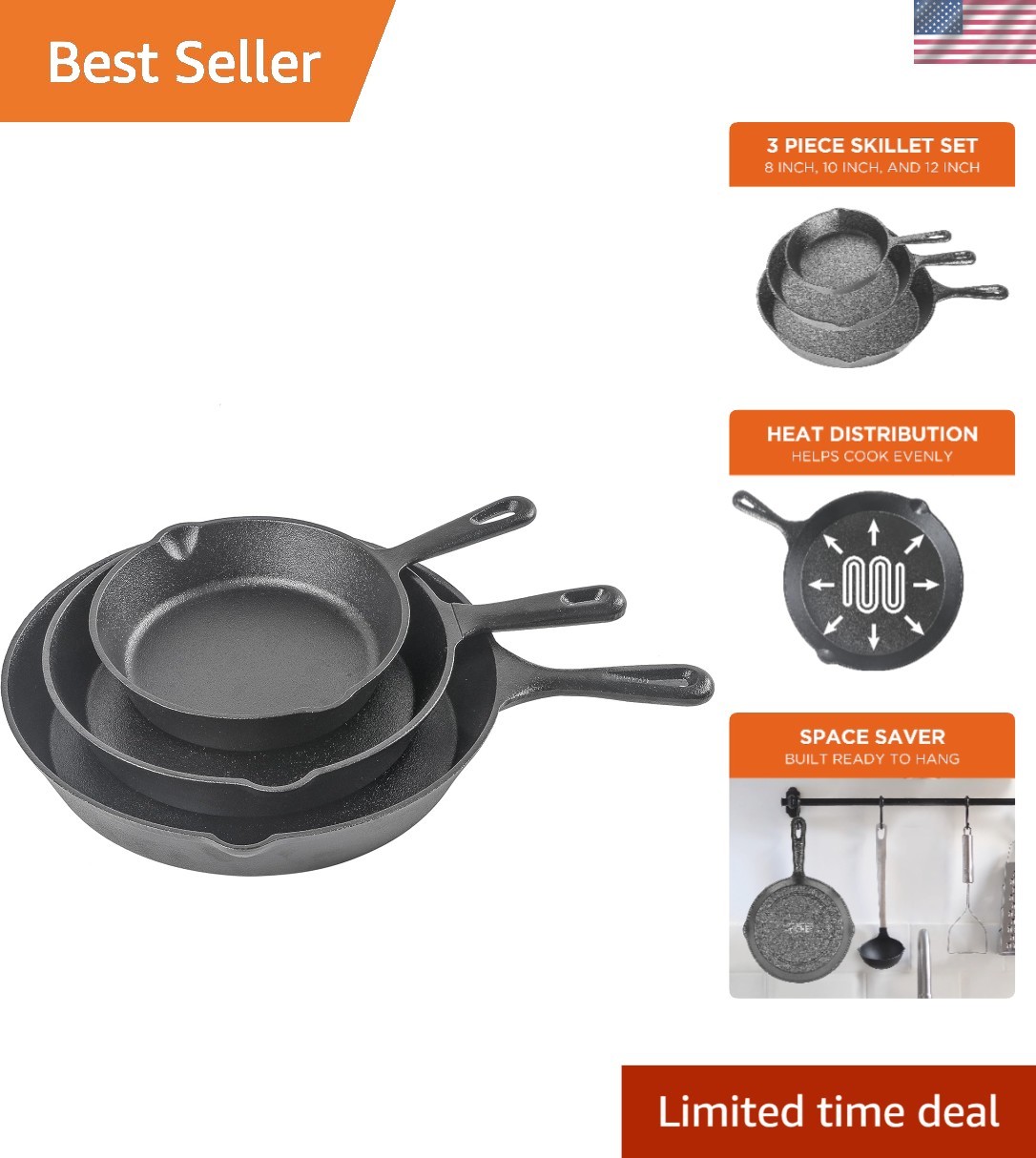 Elegant 3-Piece Cast Iron Skillet Set (8, 10, 12 Inches) – Pre-Seasoned Cookware