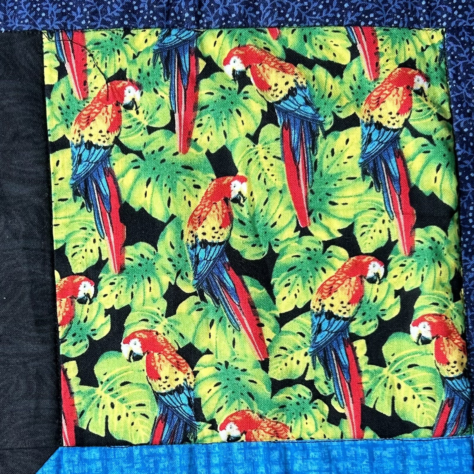 Handmade QUILT Attic Window Pane Patchwork Blue Tropical Bird Macaw 36” x 36”