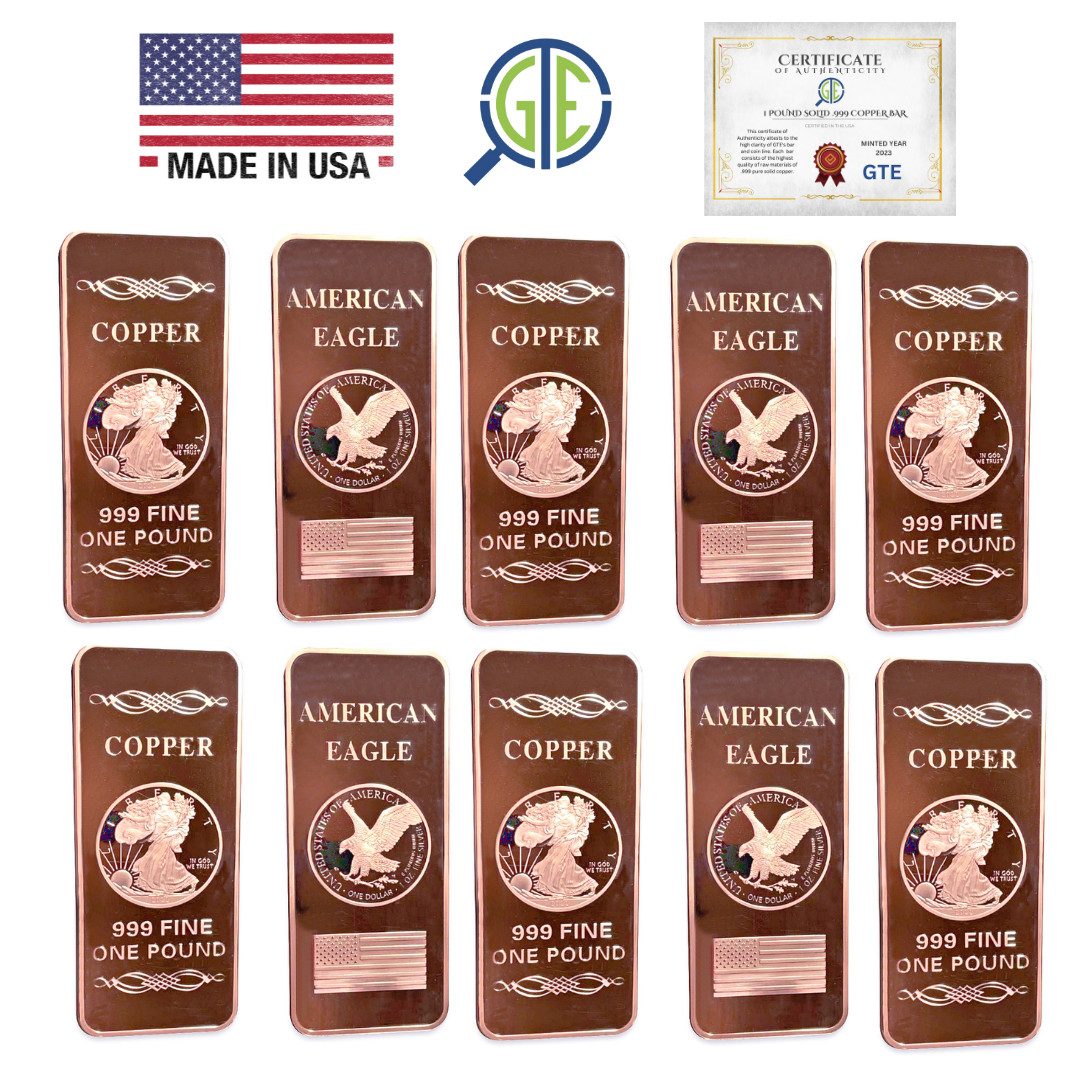 10 LB .999 Fine Copper Bullion Bar Elemental Design Stamped Cu Symbol Ten Pound