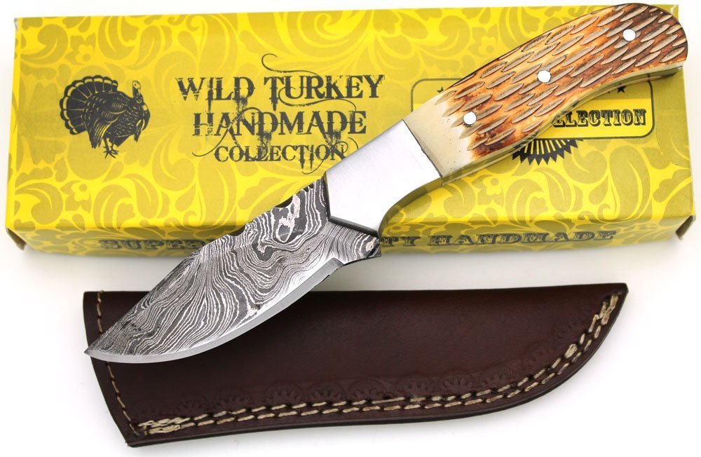 Wild Turkey Handmade Damascus Collection Full Tang Bone Handle Fixed Blade Knife