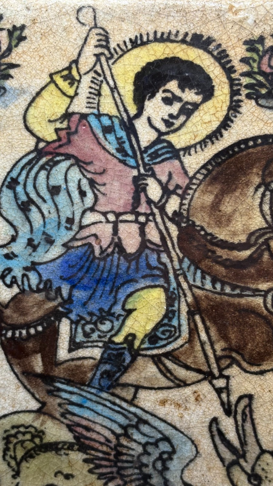 Armenian Hand Painted Ceramic Tile – St. George Dragon 22×22 cm Vintage