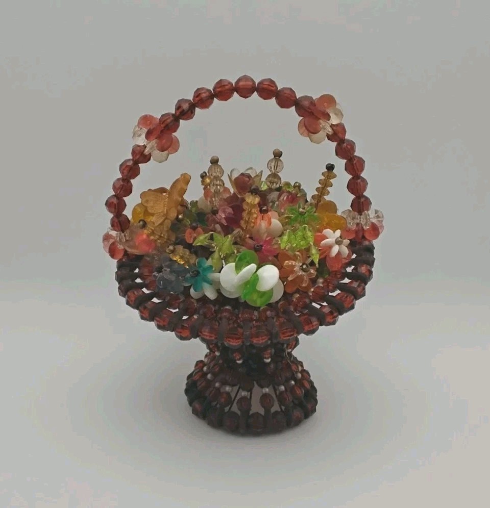 Vintage Handmade Beaded Basket With Beaded Flowers Excellent Condition