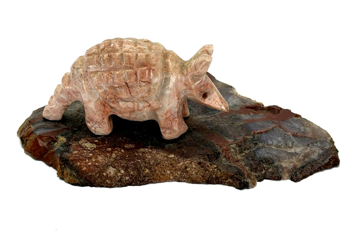 Carved Stone Armadillo Figurine on Slate Southwestern Mexican Folk Art Decor