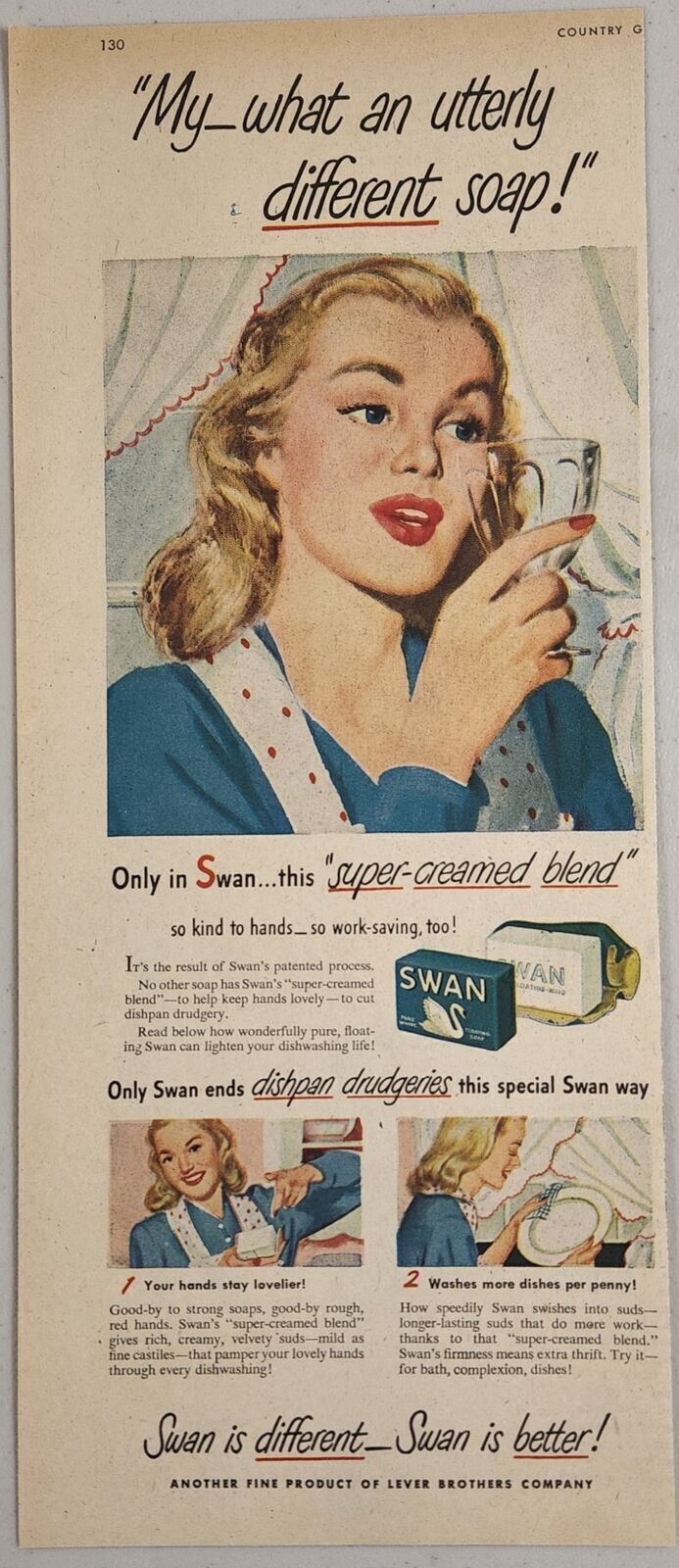 1947 Print Ad Swan Bar Soap Lady Washes Dishes Lever Brothers Company